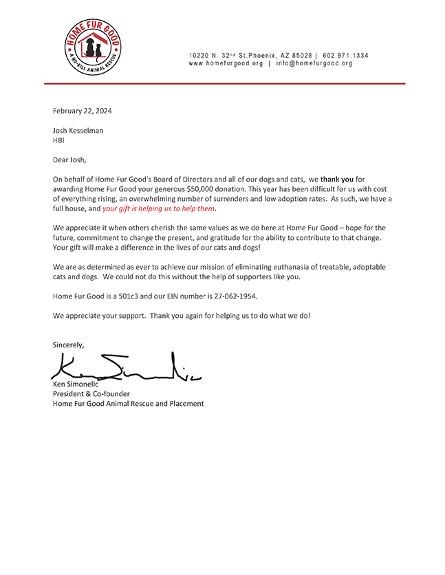 Letter to Josh Kesselman from Home Fur Good No-Kill Animal Rescue